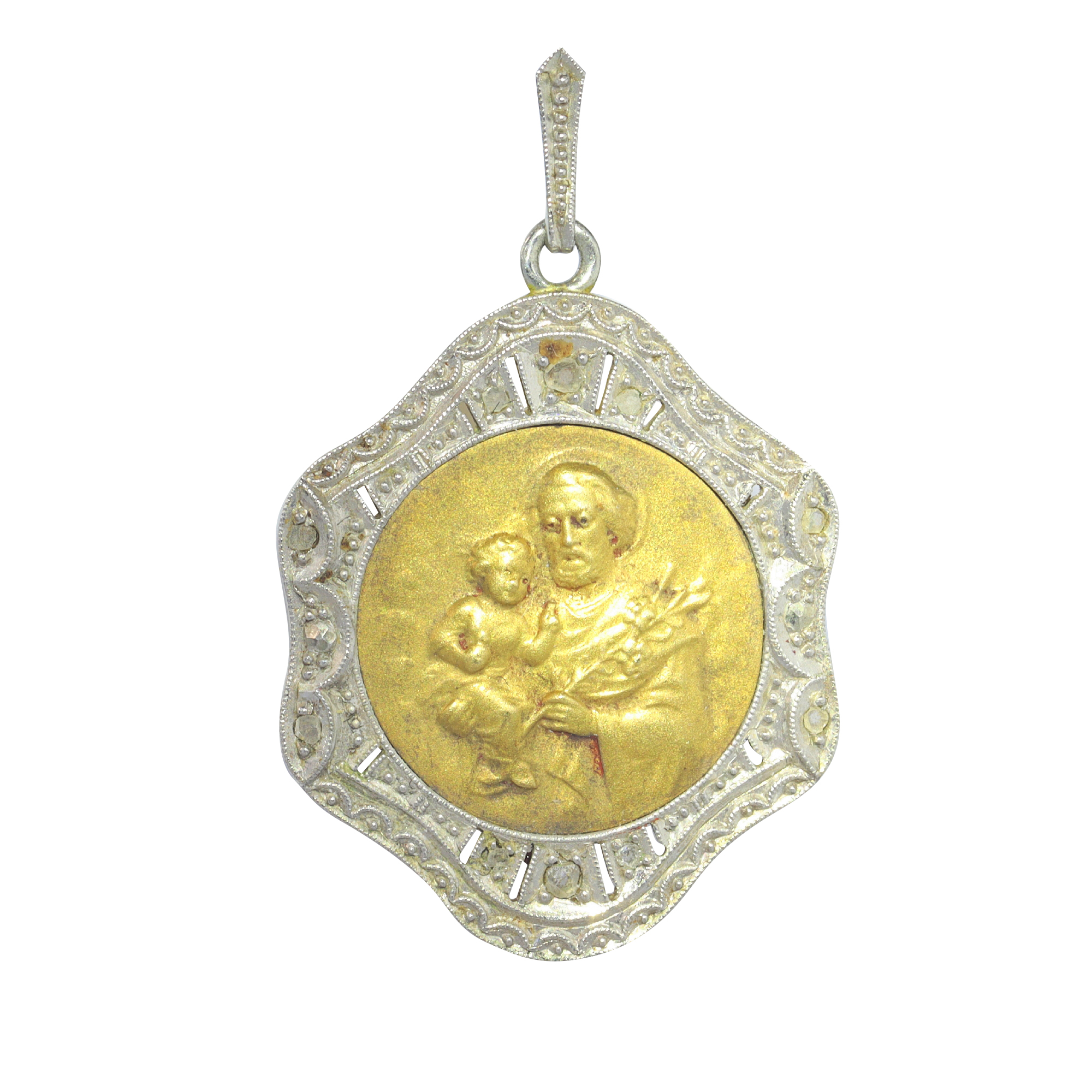 Vintage 1910's Edwardian 18K gold pendant set with diamonds St. Anthony of Padua depicted holding the Child Jesus medal